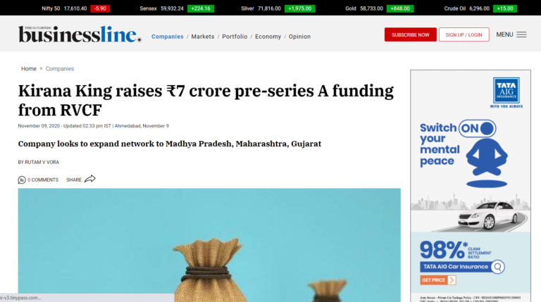 Kirana King raises ₹7 crore Pre-Series A funding from RVCF