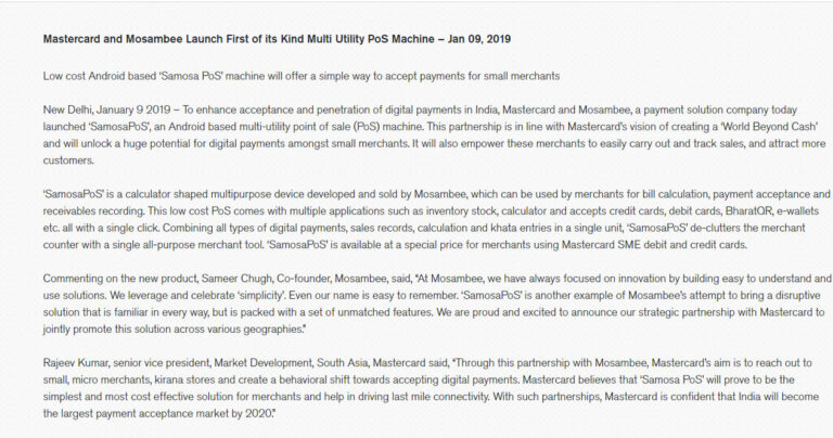 Mastercard and Mosambee launch first-of-its-kind multi-utility PoS machine