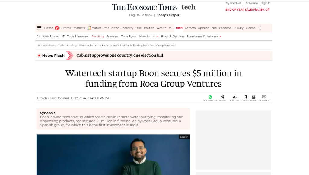 Watertech startup Boon secures $5 million in funding from Roca Group Ventures